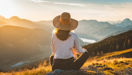 Fototapeta premium Travel lifestyle: Young beautiful woman with hat sitting on mountain peak and enjoys the view into the valley. generative ai