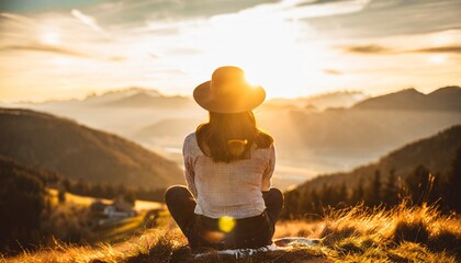 Young beautiful woman with hat sitting on mountain peak and enjoys the view into the valley. generative ai