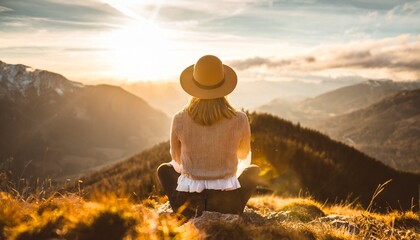 Young beautiful woman with hat sitting on mountain peak and enjoys the view into the valley. generative ai