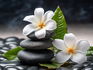 Obraz na płótnie Canvas Stunning Tranquility: White Blooms Adorning a Zen-like Stack of Stones Generative AI