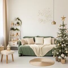 a bedroom on a white sofa decorated for christmas