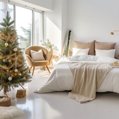 a bedroom on a white sofa decorated for christmas
