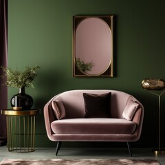 a brown and green sofa, velvet chair and small mirror,