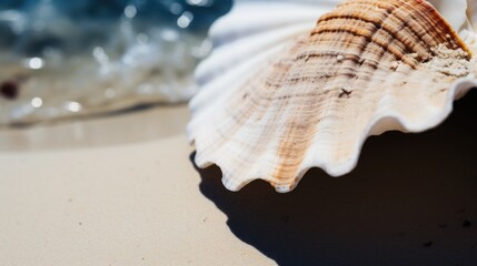 A close-up of a seashell on the shore, its intricate pattern a stark contrast to the vibrant blue sea behind it