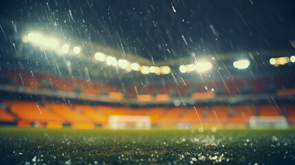Sports stadium with lights on. Big arena, grandstand. Rainy weather. Green grass. Blur effect. Soccer, American football, rugby. Bad weather conditions for playing. Canceling a game. Generated AI