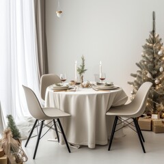 a christmas table and chairs at a white table setting in a minimalist living room setting