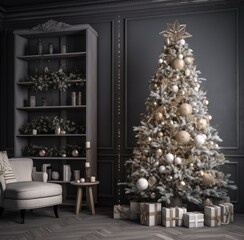 a christmas tree with decorations in a dark room,
