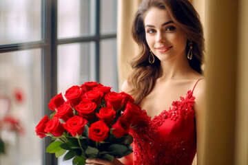 Young pretty woman in elegant red lace dress with soft curls gazes serenely stands with bouquet of vivid red roses. Concept of love, dating, romance and Valentine's Day