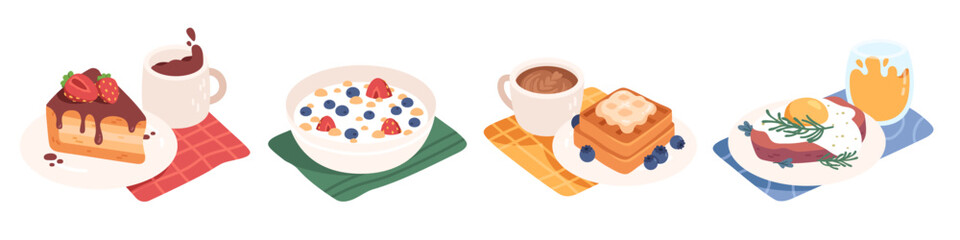 Different breakfast or lunch meal food and drink set. Cake, milk porridge, fried eggs, meat steak, Viennese waffles, coffee, juice diverse breakfast collection. Various tasty dish vector illustration