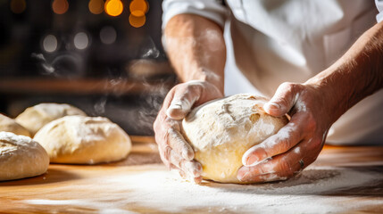 Close up baker's hands kneading a round loaf of bread dough on a wooden surface with visible flour dust. Concept evokes fresh, handmade baking and the traditional art of bread-making