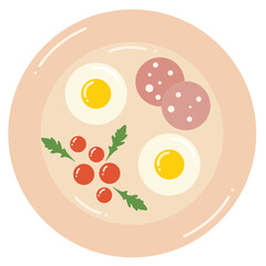 A pink plate with the perfect morning breakfast. Diet eggs, sausage and tomatoes symmetrically arranged on a round plate. Vector image.