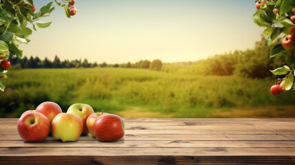 Empty wood table with free space over apples trees, apples field background