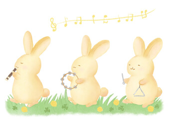 草原を行進するウサギの音楽隊