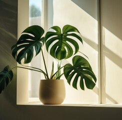 a monstera plant is sitting in a window,