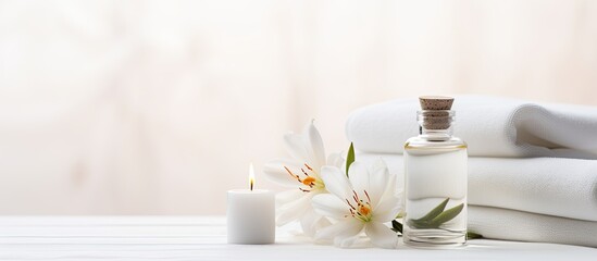 On a pristine white table, an assortment of flowers, isolated against a plain background, showcases the beauty of nature in a spa setting. The delicate white florals symbolize health and wellness - obrazy, fototapety, plakaty