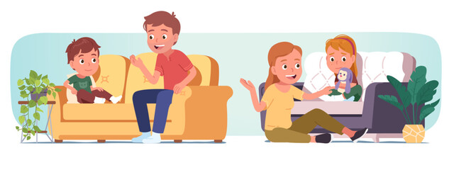Parent person talking with child at home. Father man, son boy kid sit on couch together, mother woman comfort upset daughter girl. Family bonding, parenting, conversation flat vector illustration set