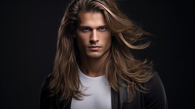 A very handsome man with long hair as a photo shoot model in action at his modeling job in the studio