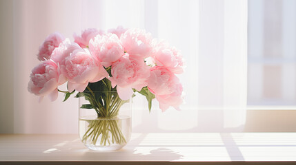 Bouquet of pink peonies in a beautiful vase on table. Springtime blossom, peony bunch. Beautiful spring fresh flowers. Bright room flooded with sun. Floral romantic. Women’s holiday. Generated AI