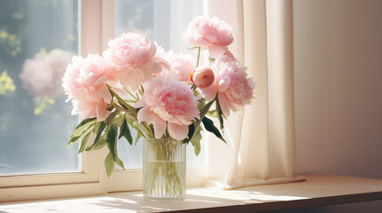 Bouquet of pink peonies in a beautiful vase on table. Springtime blossom, peony bunch. Beautiful spring fresh flowers. Bright room flooded with sun. Floral romantic. Women’s holiday. Generated AI