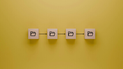 Project development workflow, task progression illustration with folder icons and wooden blocks on...