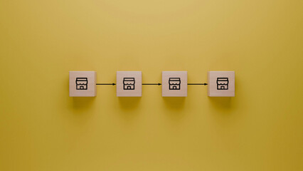 Franchise business model visualization with wooden cubes on a yellow background, retail chain...
