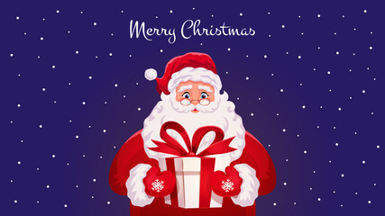 Santa Claus is holding a gift box in his hands. Christmas greeting card. Design concept for banner, poster, background. Vector illustration
