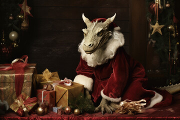 Playful Dragon in Santa Costume Surrounded by Whimsical Christmas Boxes, Transforming Your Gift-Giving Experience into a Tale of Fantastical Surprises