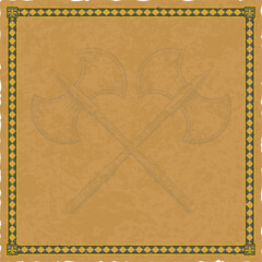 Fototapeta na wymiar Square Parchment with Fleur de Lis Frame and Crossed Double Axes