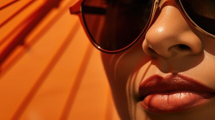 A close-up of a woman's terracotta-toned sunglasses reflecting the vibrant hues of beach umbrellas, her lipstick a bold tangerine