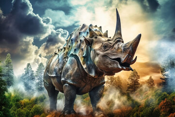 Fototapeta premium A terrible dinosaur Tyrannosaurus T-rex with an open huge mouth against a background of fire and smoke in the burning primeval jungle. Death of the dinosaurs.