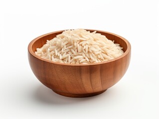 Unveiling the Simplicity and Elegacy: Premium Rice Displayed in Wooden Bowl on White Canvas Generative AI