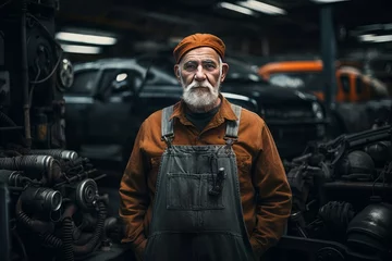  Engineer old man car motor assembly shop. Service mechanic. Generate AI © juliars