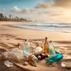 A polluted beach scene shows various plastics like bottles and containers strewn across light brown sand with ocean waves crashing in the background.