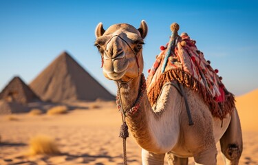 A camel in a desert with a pyramid backdrop.