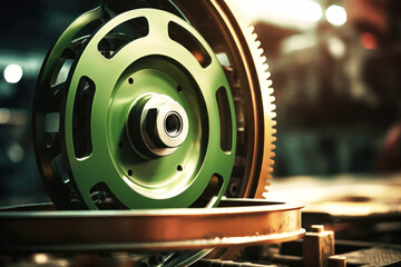 Photo of a detailed shot of a vibrant green machine wheel. Modern metal processing at an industrial enterprise. Manufacturing of high-precision parts and mechanisms.
