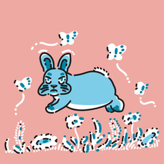 A rabbit jumps over flowers and grass surrounded by butterflies