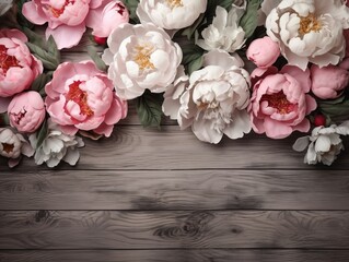 Captivating Beauty: A Close-Up Look at Delicate Peonies Against a Rustic Wooden Backdrop Generative AI