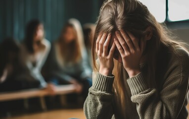 Distraught Teen girl Seeks Solace in School Corridor, Overwhelmed by Bullying and Discrimination