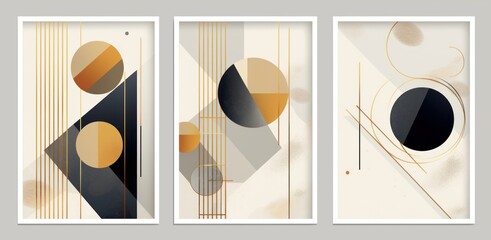 Abstract geometric wall art background . Set of modern wall decoration with shapes, circle, square, lines, gold, marble texture. Trendy wallpaper illustration for interior, print, Generative AI