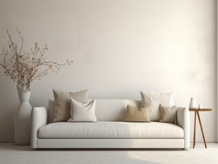 Minimalistic Luxury: Exploring the Elegance of a White Sofa and Ceramic Vase in a Contemporary Living Space Generative AI