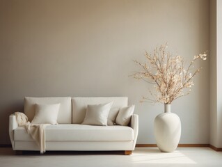 Discover Serenity: Elegant White Sofa & Ceramic Vase Interior Decor Generative AI