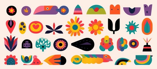 Set of abstract retro geometric shapes . Collection of contemporary figure, snake, bird, bolt, flower in 70s groovy style. Cute hippie design element perfect for banner, print, stickers, Generative AI
