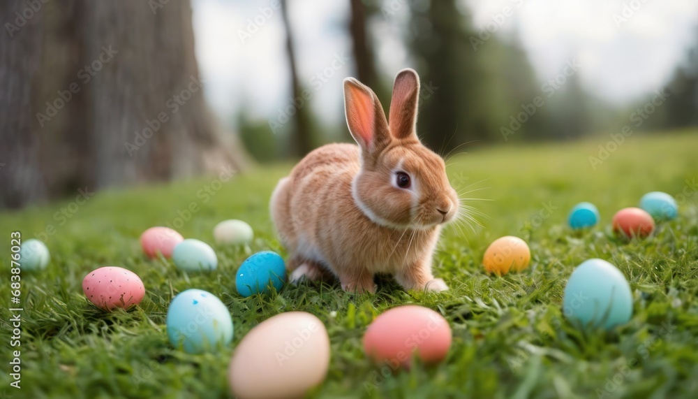 Poster a rabbit is standing in the grass surrounded by colored eggs in the foreground, with a tree in the b