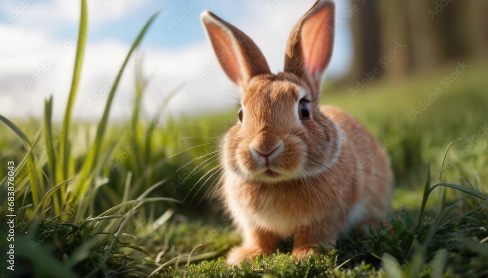 Aufkleber a close up of a rabbit in a field of grass with a blue sky in the background and a few clouds in the