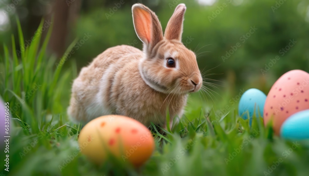 Aufkleber a small rabbit is standing in the grass near some easter eggs and grass with trees in the backgroud.