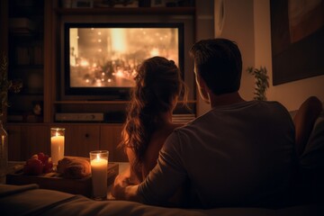 Couple Enjoying a Cozy Movie Night at Home - obrazy, fototapety, plakaty