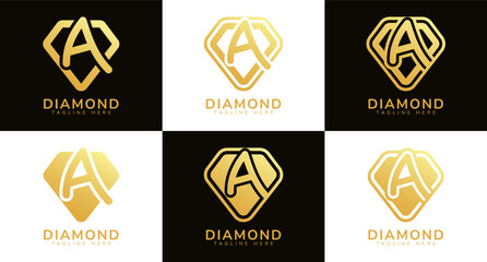 Set of diamond logos with initial letter A. These logos combine letters and rounded diamond shapes using gold gradation colors. Suitable for diamond shops, e-commerce - obrazy, fototapety, plakaty