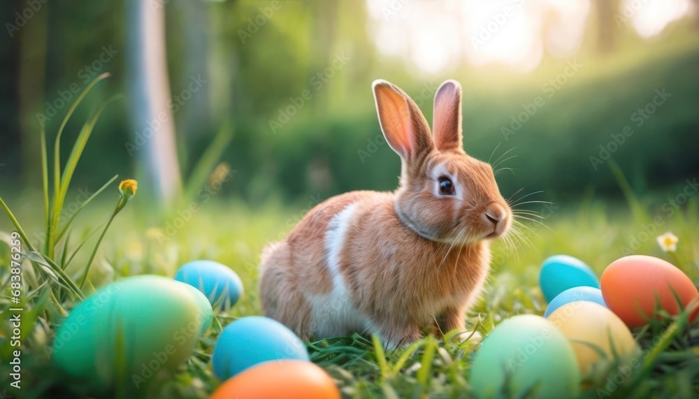 Poster  a rabbit sitting in the middle of a field of grass with colored eggs in the foreground and trees in the background.