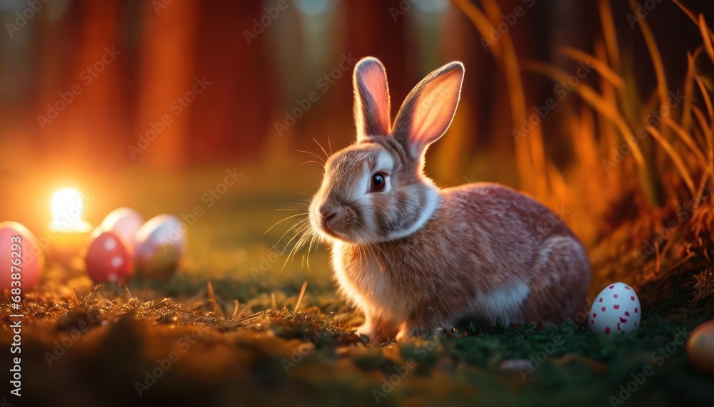 Aufkleber a rabbit sitting in the grass next to some eggs with a candle in the middle of the grass and trees i
