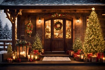 Rustic Style House Full of Christmas Decorations with Dramatic Cozy Lightings, Winter Snow Outside, Detailed, Super Resolution